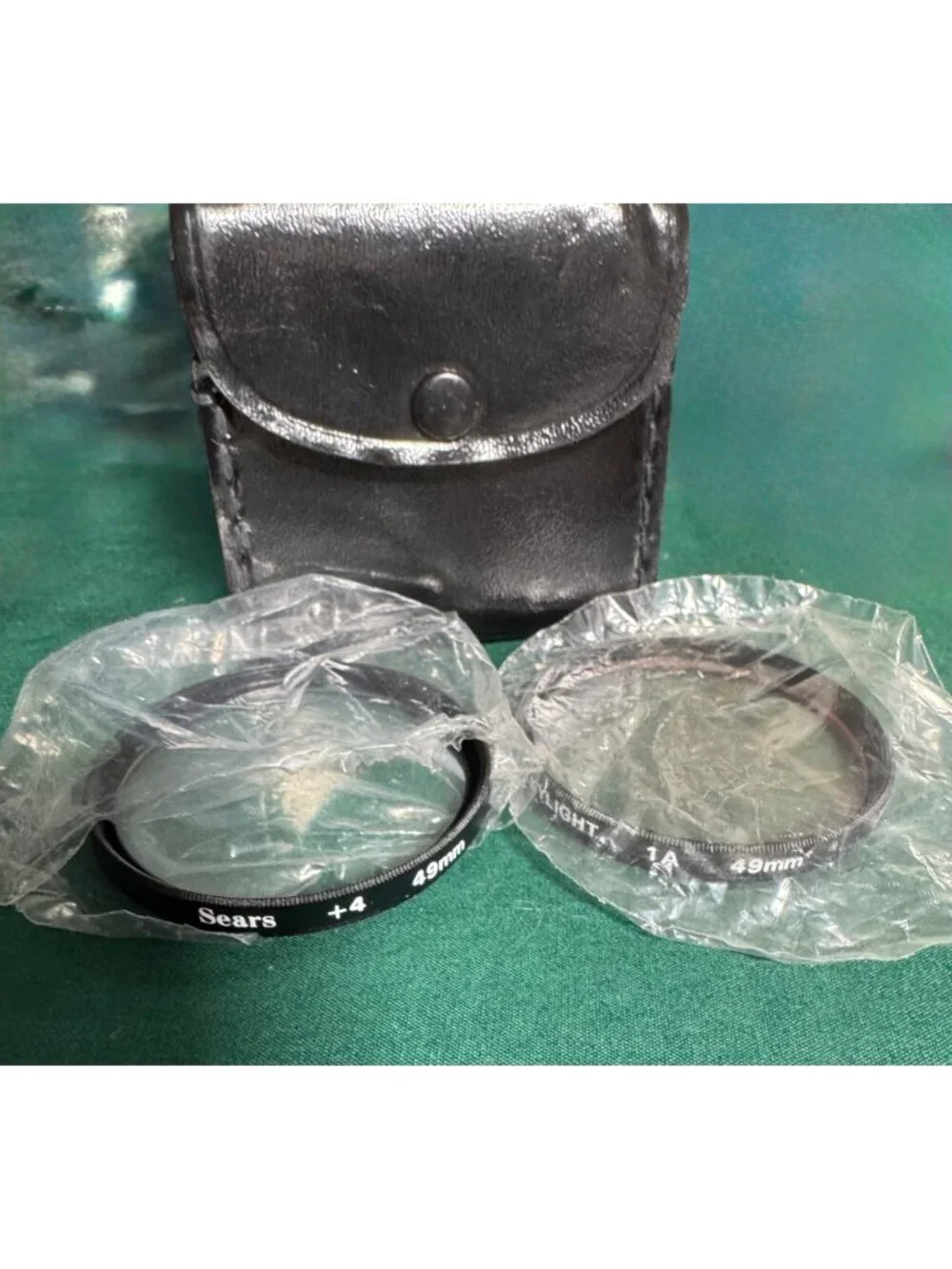 Sears 49mm Camera Lens Filters +4 & Skylight 1A With Black Leather Pouch